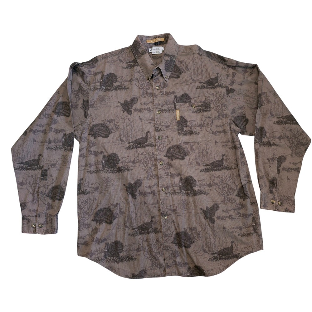 Columbia River Lodge Men's Large Brown Gray Wild Turkey Print Corduroy Shirt